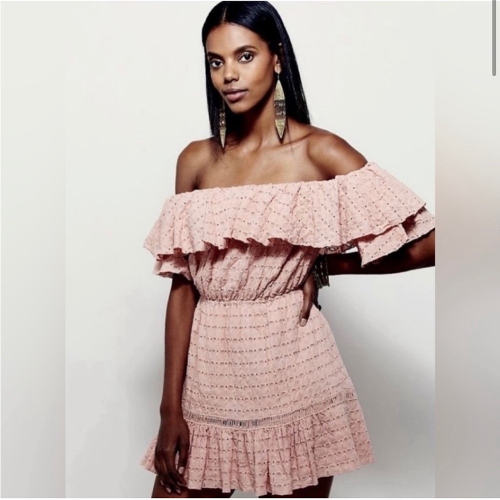 Free People - Pink Celine Eyelet Off the Shoulder Ruffle Mini Dress